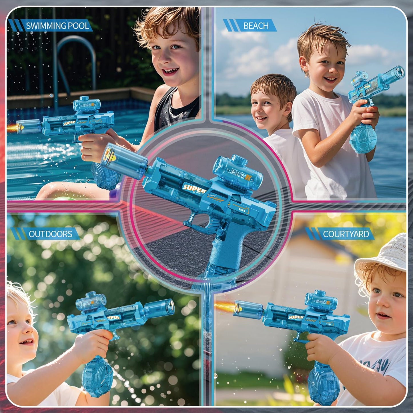 ELPSCGROO 2Pcs Electric Water Gun Set — Light-Up Nozzle, Manual/Auto Modes, Large Tank (Blue/Black), Up to 32 ft