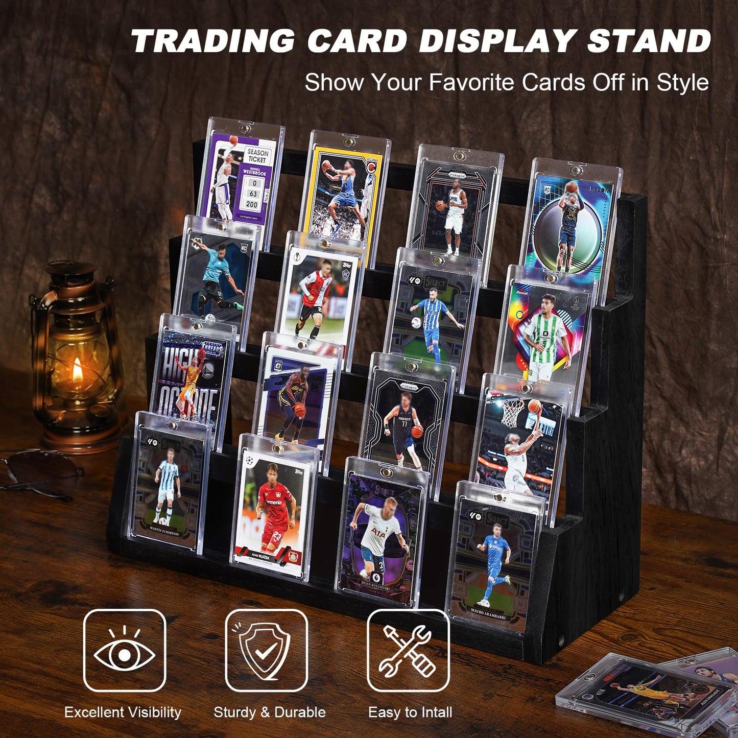 Emfogo 4-Tier Card Display Stand – Wooden Trading Card Display (Black)