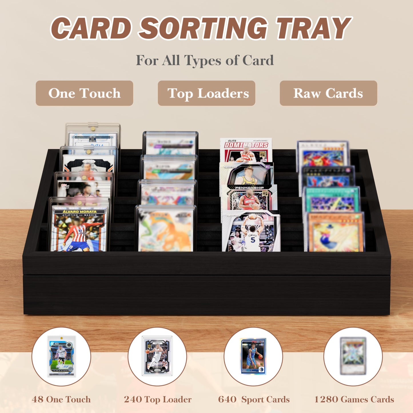 Emfogo Wooden Card Sorting Tray – 16-Compartment Black Card Organizer