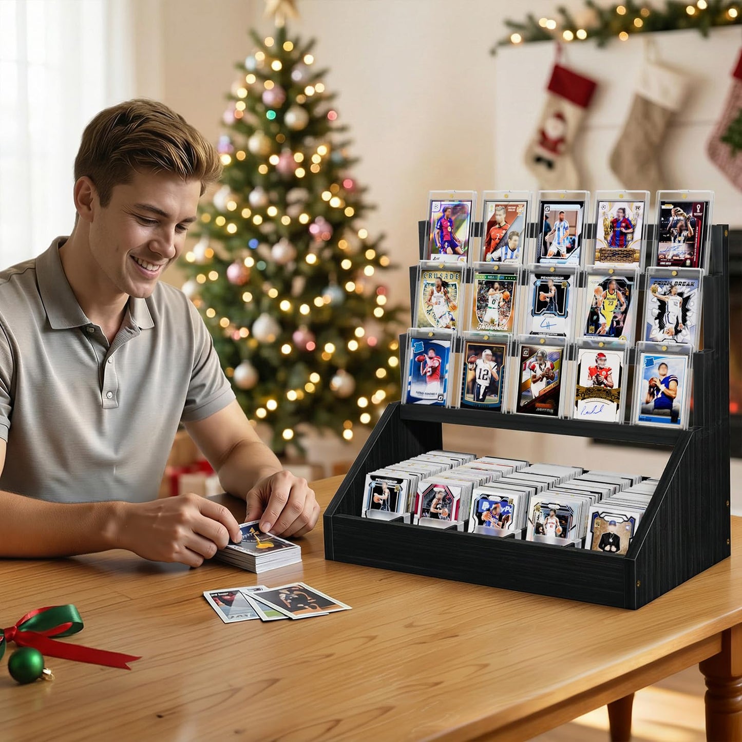 Emfogo 3-Tier Wooden Trading Card Display with 5-Row Storage — Large Capacity Graded Card Stand (Black)