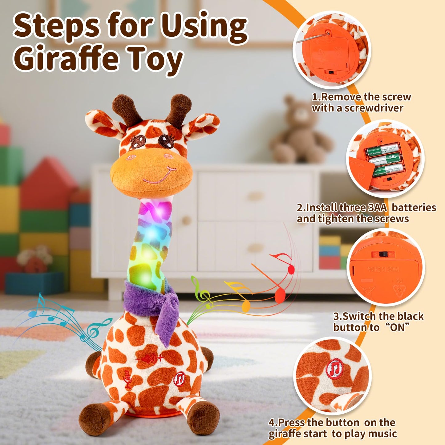 Emoin Dancing Talking Giraffe Toy for Baby & Toddler – 15s Recording, Adjustable Volume, 10 Songs