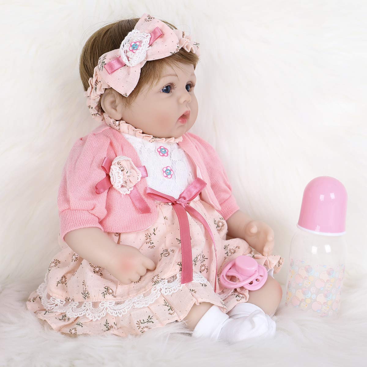 ENADOLL Reborn Baby Doll – 16 Inch Realistic Silicone Vinyl Doll with Pink Hairband Gift Set