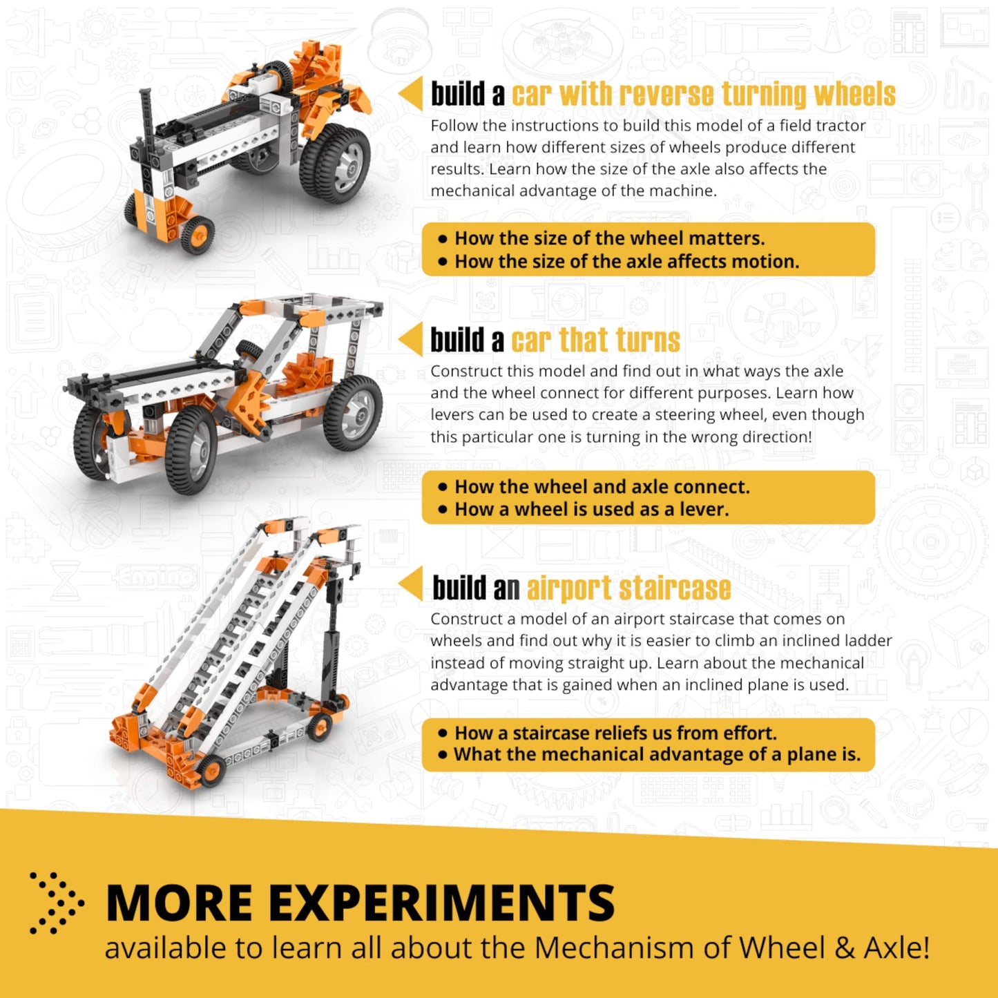 Engino STEM Toys: Wheels, Axles & Inclined Planes — 14-Model Mechanics Kit for Kids 9+