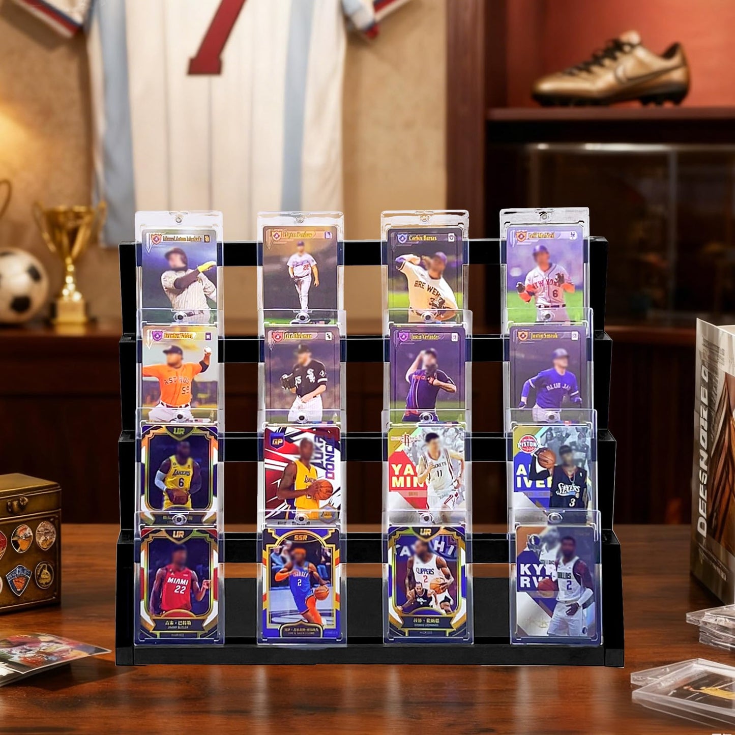 Enklogic 4-Tier Wooden Trading Card Display Stand | Graded Card Holder (Black)