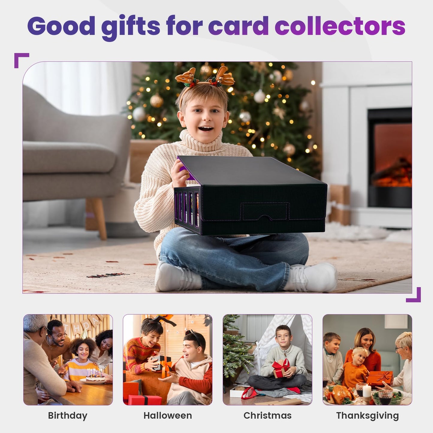 Enrichovo 5-Row Leather Trading Card Storage Box – Holds 4000+ Cards, Purple