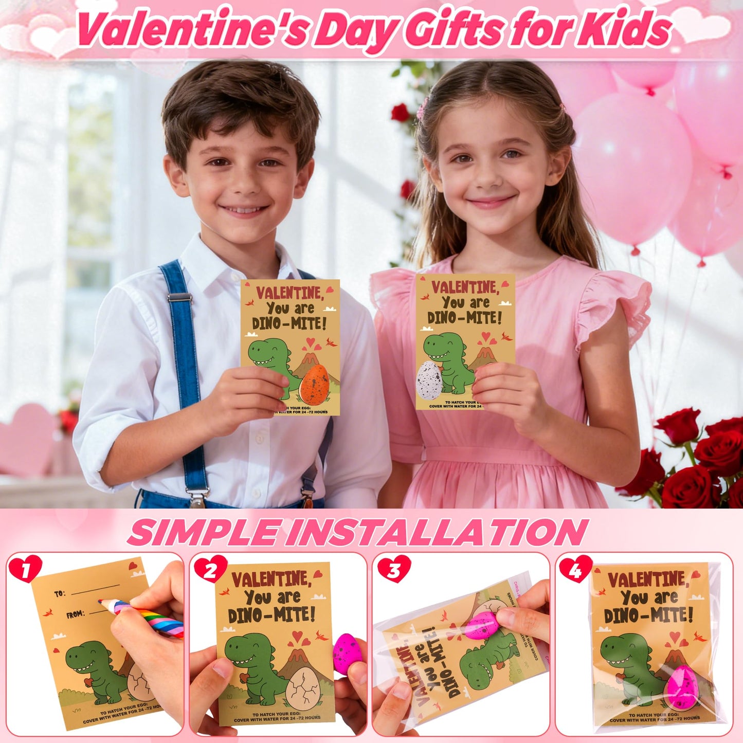 Envotek 28-Pack Dinosaur Egg Hatching Valentines for Kids | Classroom Cards & Party Favors