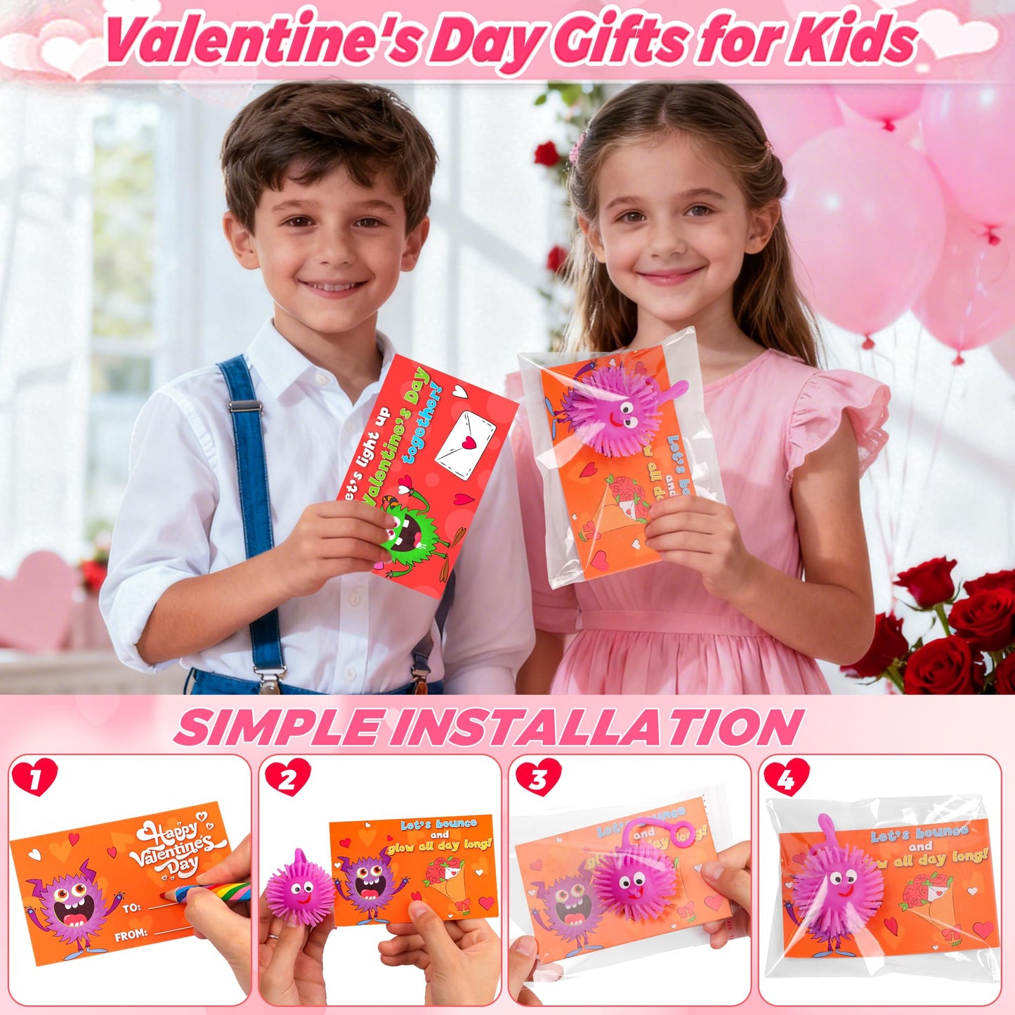 Envotek 24-Pack Valentines Day LED Puffer Balls with Monster Cards – Classroom Gifts