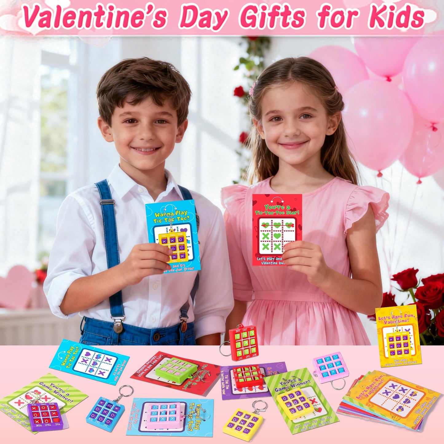 Envotek 24-Pack Valentines Gifts for Kids: Tic-Tac-Toe Keychains & Classroom Cards