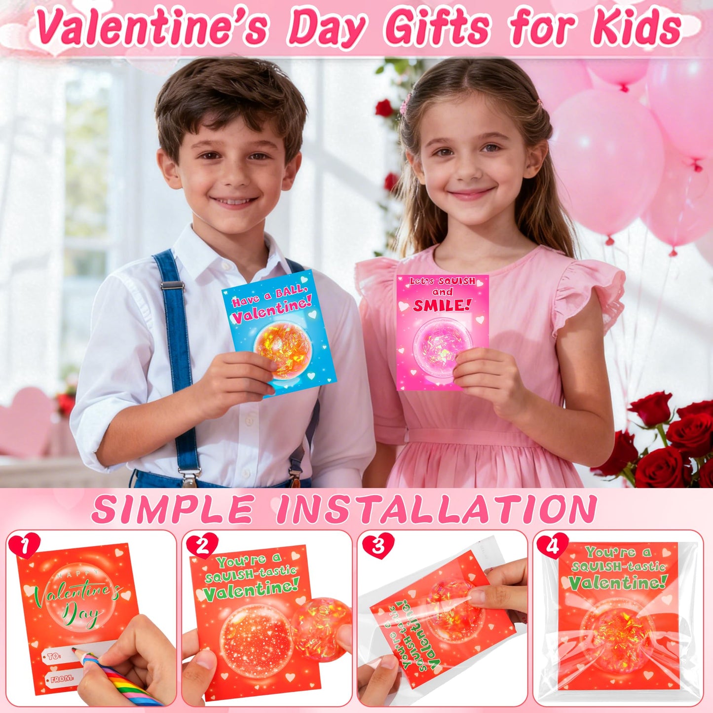 Envotek 24-Pack Valentine’s Day Gifts for Kids — Cards & Glitter Squeeze Balls