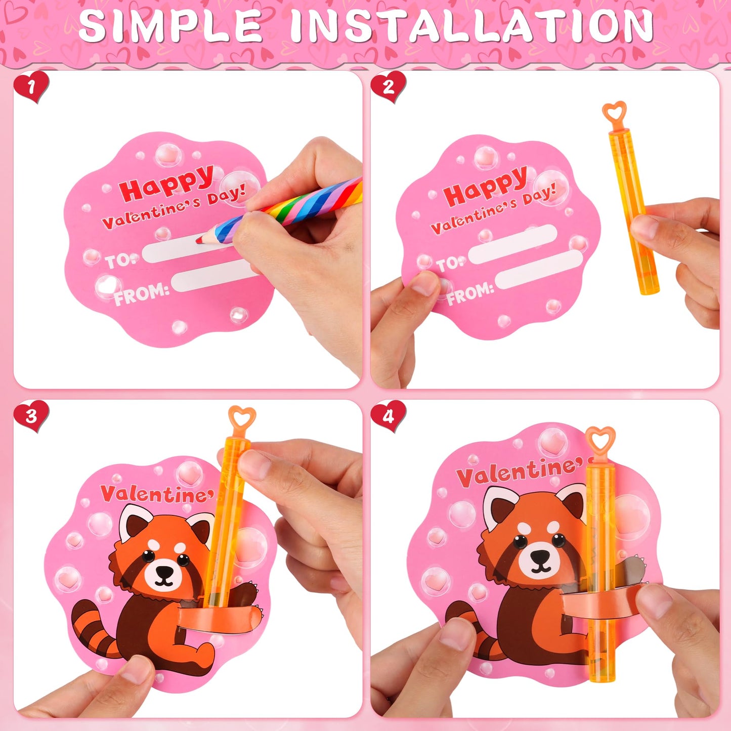 Envotek 32-Pack Valentines Day Kids Bubble Wands with Animal Cards – Classroom Party Favors