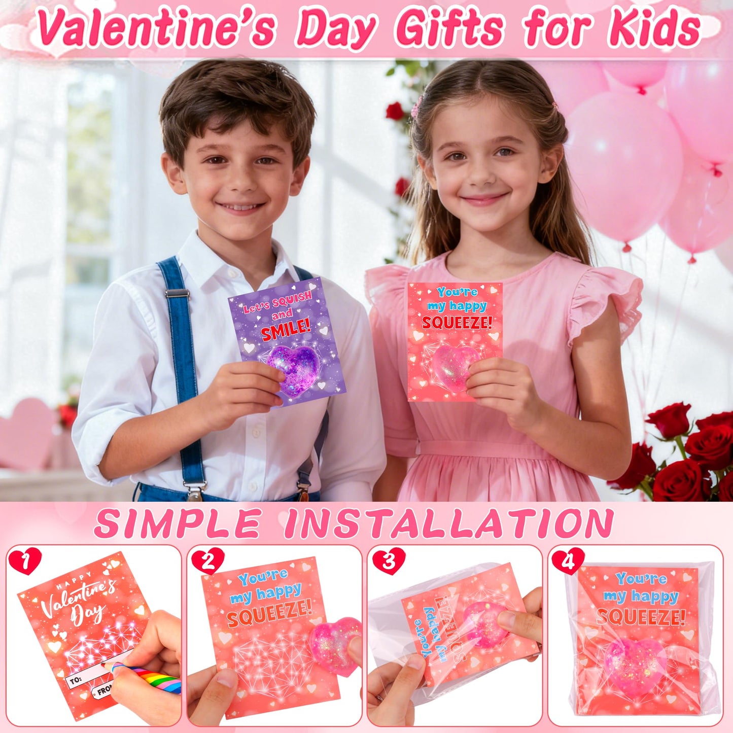Envotek 24-Pack Valentine Classroom Cards with Heart Fidget Balls | Stress-Relief Squeeze Toys for Kids