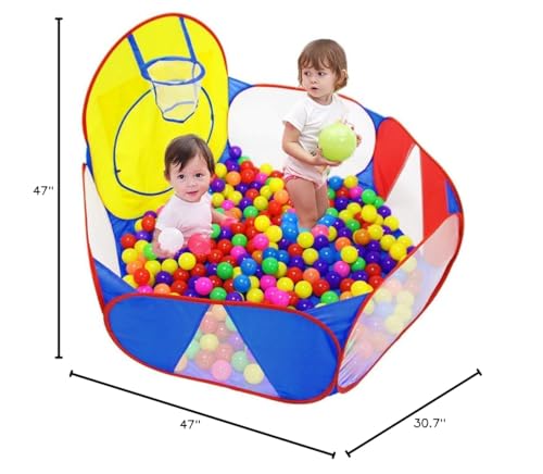 Eocolz Kids Ball Pit – Large 4 Ft Pop Up Play Tent with Basketball Hoop | Indoor/Outdoor Fun (Blue Yellow Red)