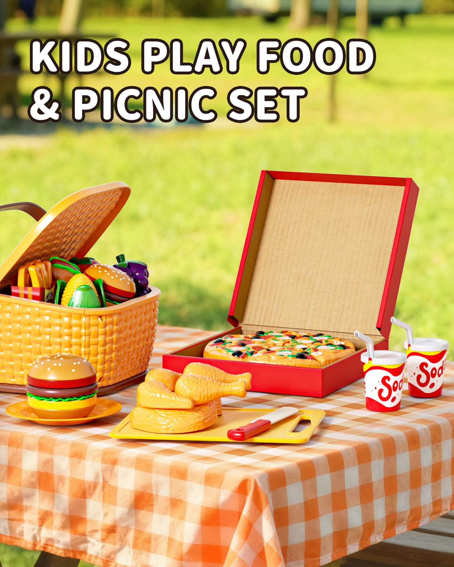 Eohemeral Pretend Play Food Set – Cutting Toy Food with Picnic Basket for Kids | 46-Piece Kitchen Play