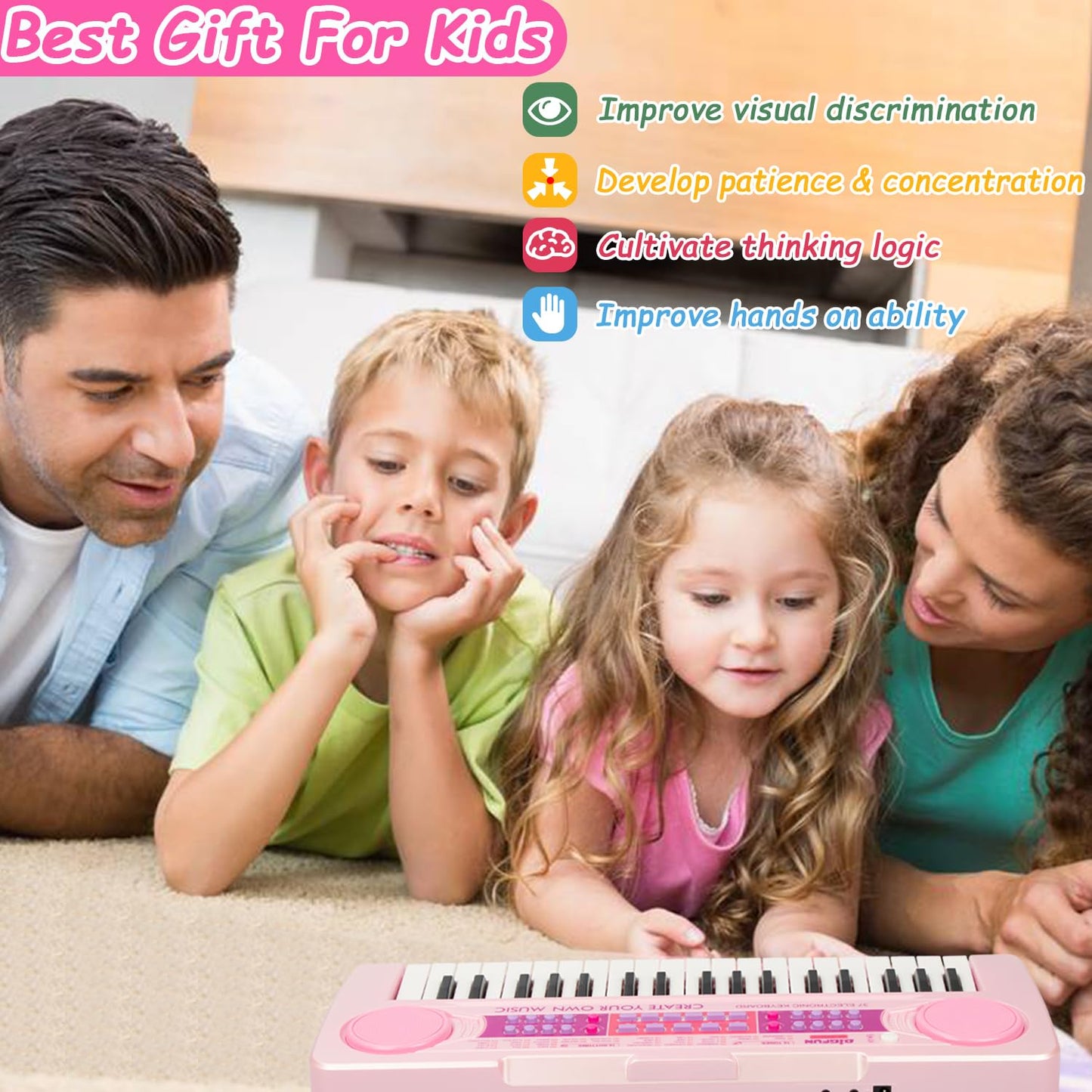 EOOLEOW Kids Piano Keyboard Toys – 37 Keys with Microphone | Educational Toddler Keyboard (Pink)