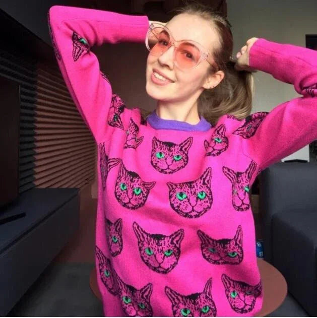 Pop Pink Cat Design Knit jacquard Sweater