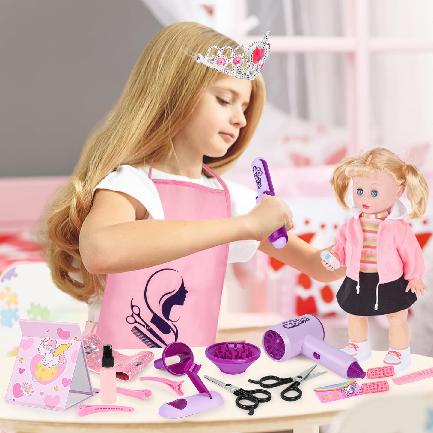 ERHAICAT Hair Salon Toys for Girls — 40 Pcs Pretend Play Set with Realistic Dryer & Curling Iron