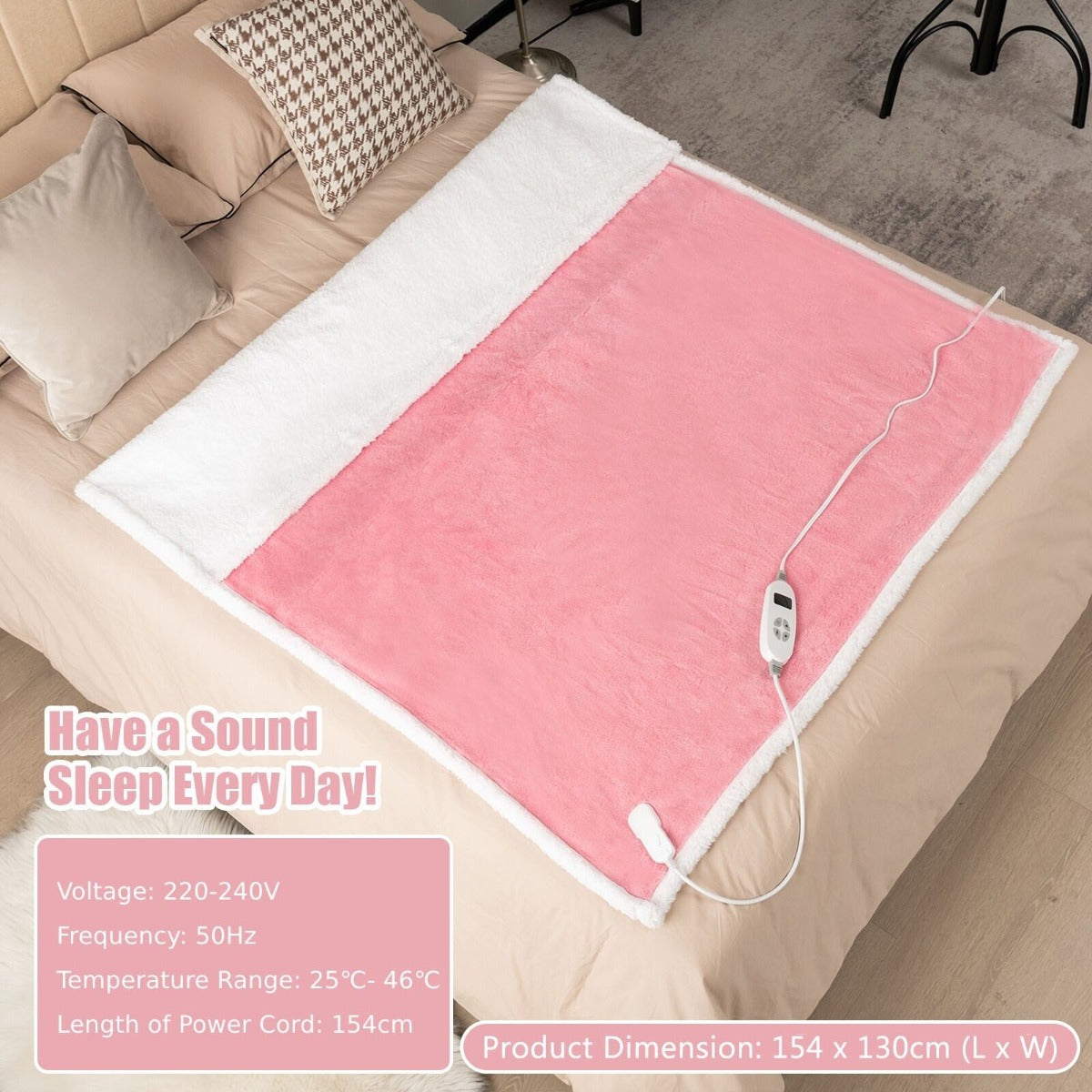 154 x 130 CM Reversible Electric Heated Blanket with 10 Heat Settings-Dark Grey