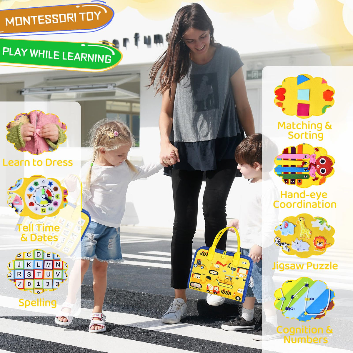 Esjay Toddler Busy Board Montessori Toys — Fine Motor Skills & Travel Activities (Yellow Truck)