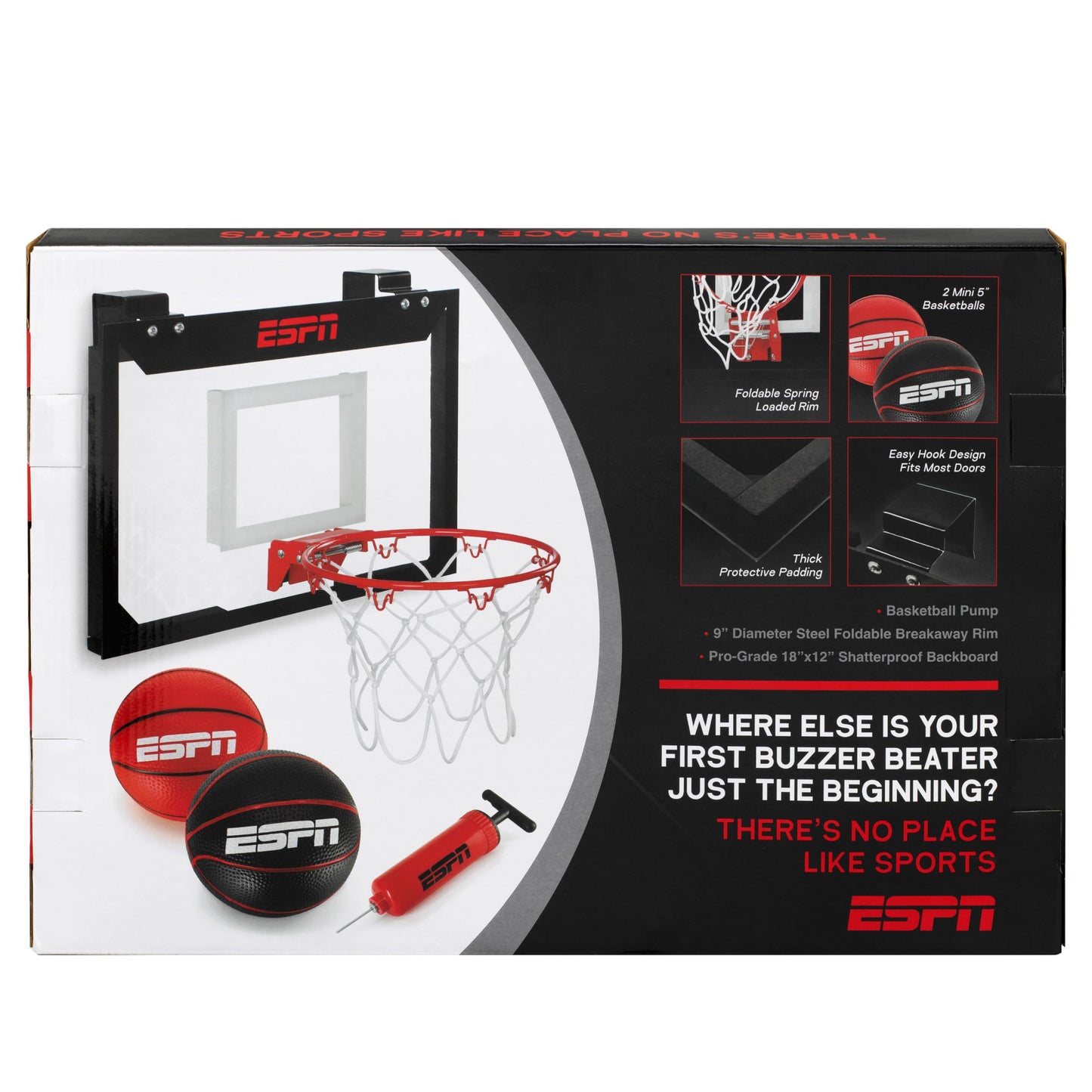 ESPN Mini Basketball Hoop — Over-The-Door with Foldable Breakaway Rim (Includes 2 Mini Balls & Pump)