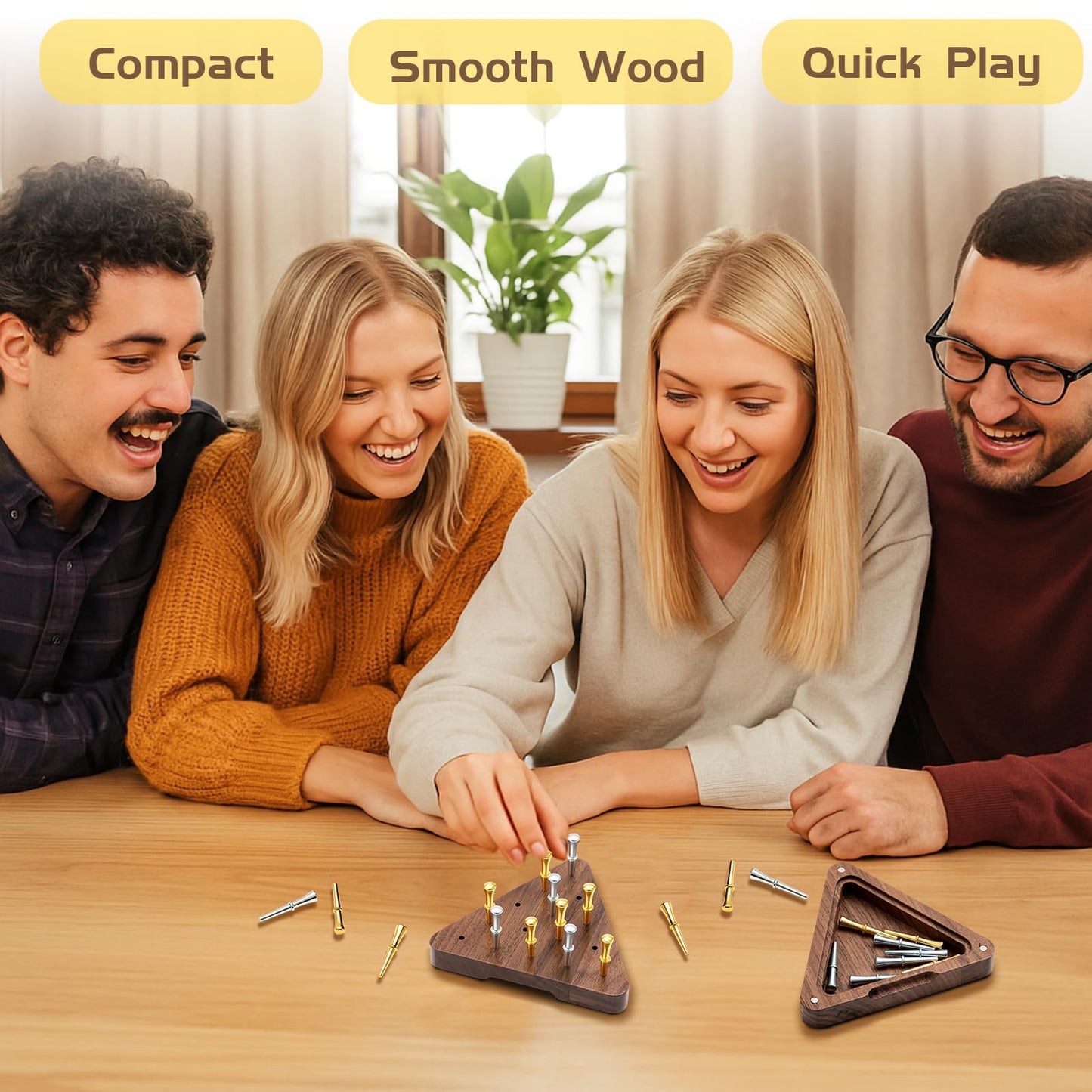 Estune 2 Set Walnut Tricky Triangle Peg Game – Portable 4.3-Inch Triangular Board with Magnetic Storage