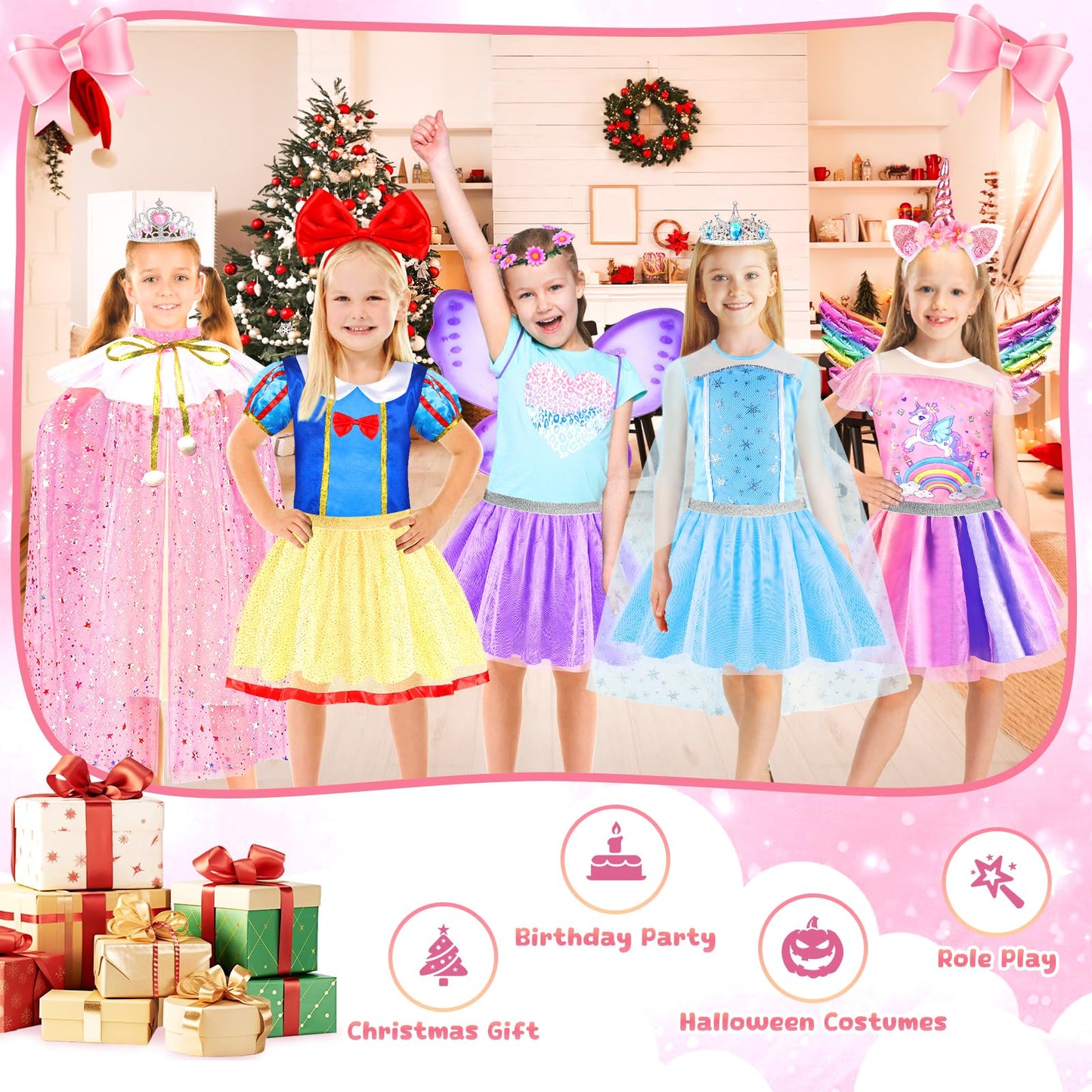EULRGAUS Princess Dress Up Set for Toddlers – 4 Costumes, Wings & Cape
