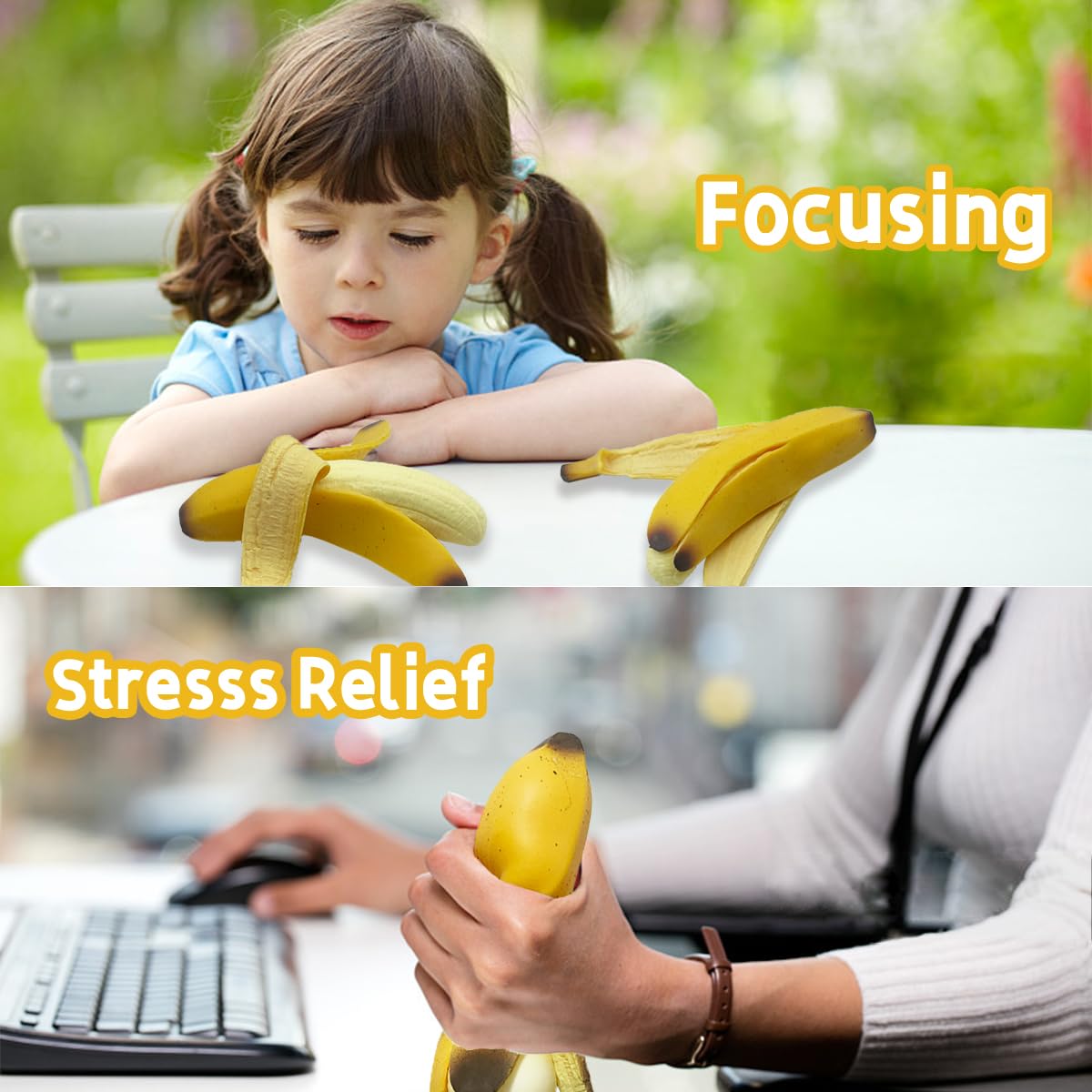 Eutreec Pack of 2 Squishy Banana Toys – Soft Squeeze Stress Relief for Kids and Adults