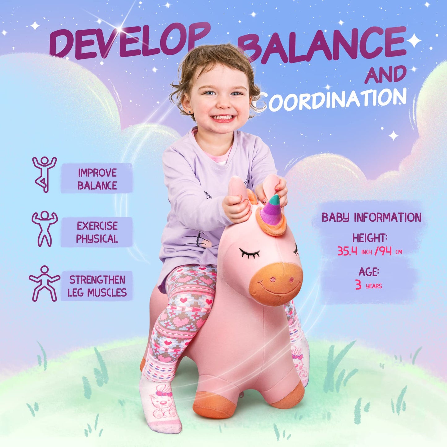 EVERICH TOY Bouncy Horse Unicorn – Inflatable Ride-On Toy for Kids 18 Months to 6 Years