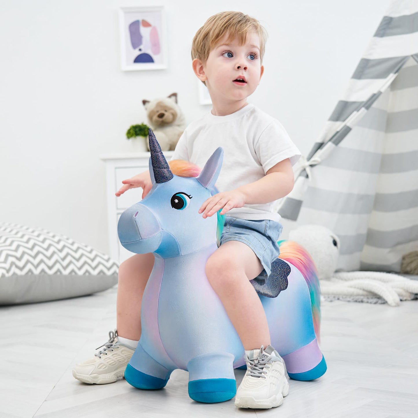 EVERICH TOY Unicorn Bouncy Horse Inflatable Plush Hopper | Indoor & Outdoor Toy + Free Christmas Accessories