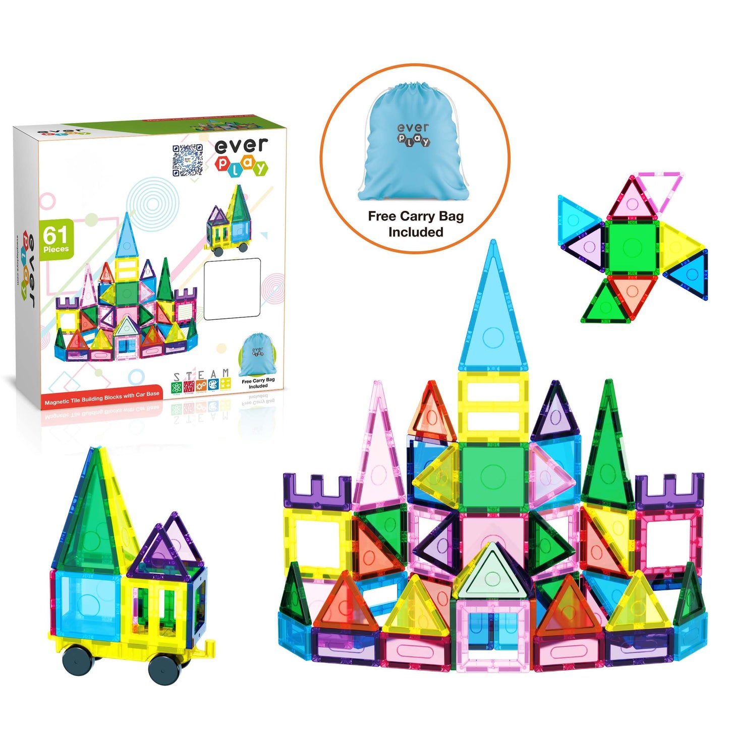 EverPlay 61pc Magnet Tile Building Blocks with Car Base – Magnetic Construction Toy for STEAM Education