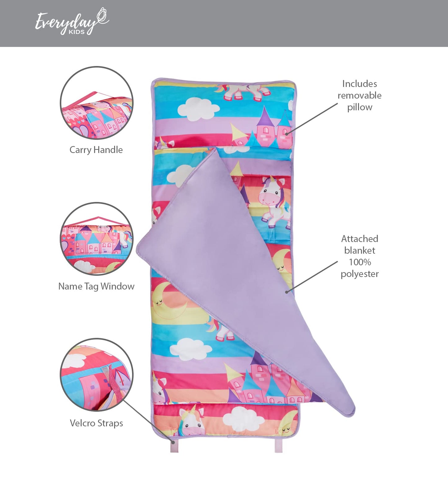 EVERYDAY KIDS Nap Mat with Removable Pillow - Unicorn Dreams (Ages 3-6)