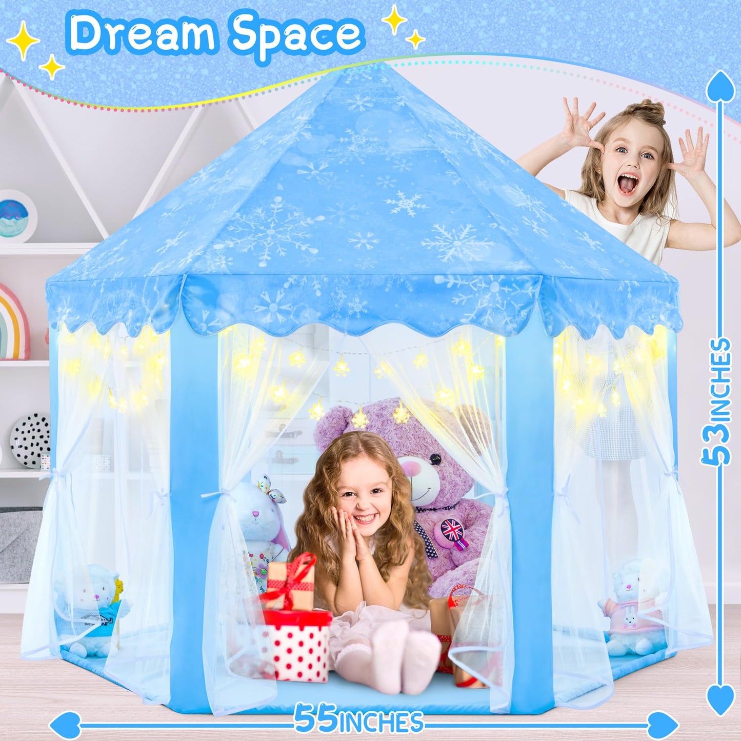 EVOIONOS Frozen Princess Tent for Girls – 55 x 53 in Castle Playhouse with Snowflake Lights