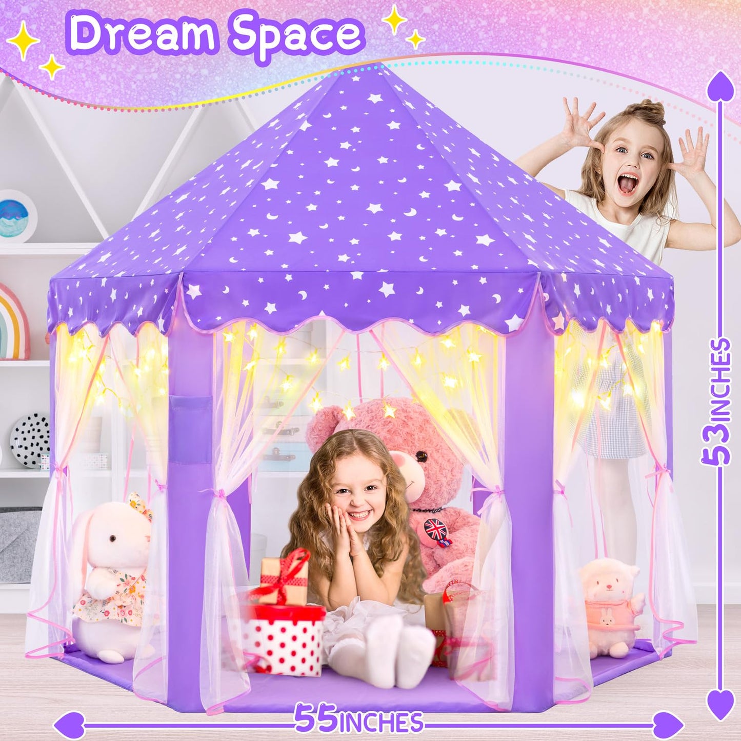 EVOIONOS Purple Princess Tent for Girls | Indoor Castle Play Tent with Star Lights