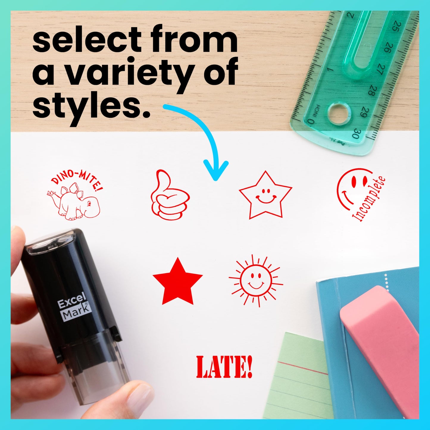 ExcelMark Round Teacher Stamp - Dino-MITE! - Red Ink
