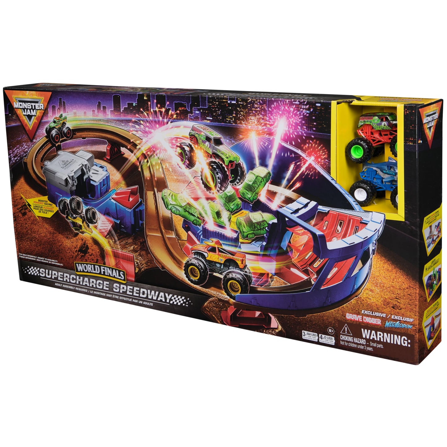 Monster Jam Supercharge Speedway Playset – Megalodon & El Toro Loco 1:64 Trucks, Light-Up World Finals Track