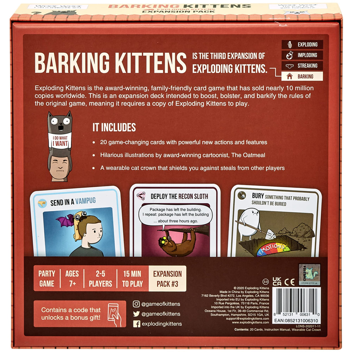 Exploding Kittens Barking Kittens Expansion Set – 20-Card Add-On