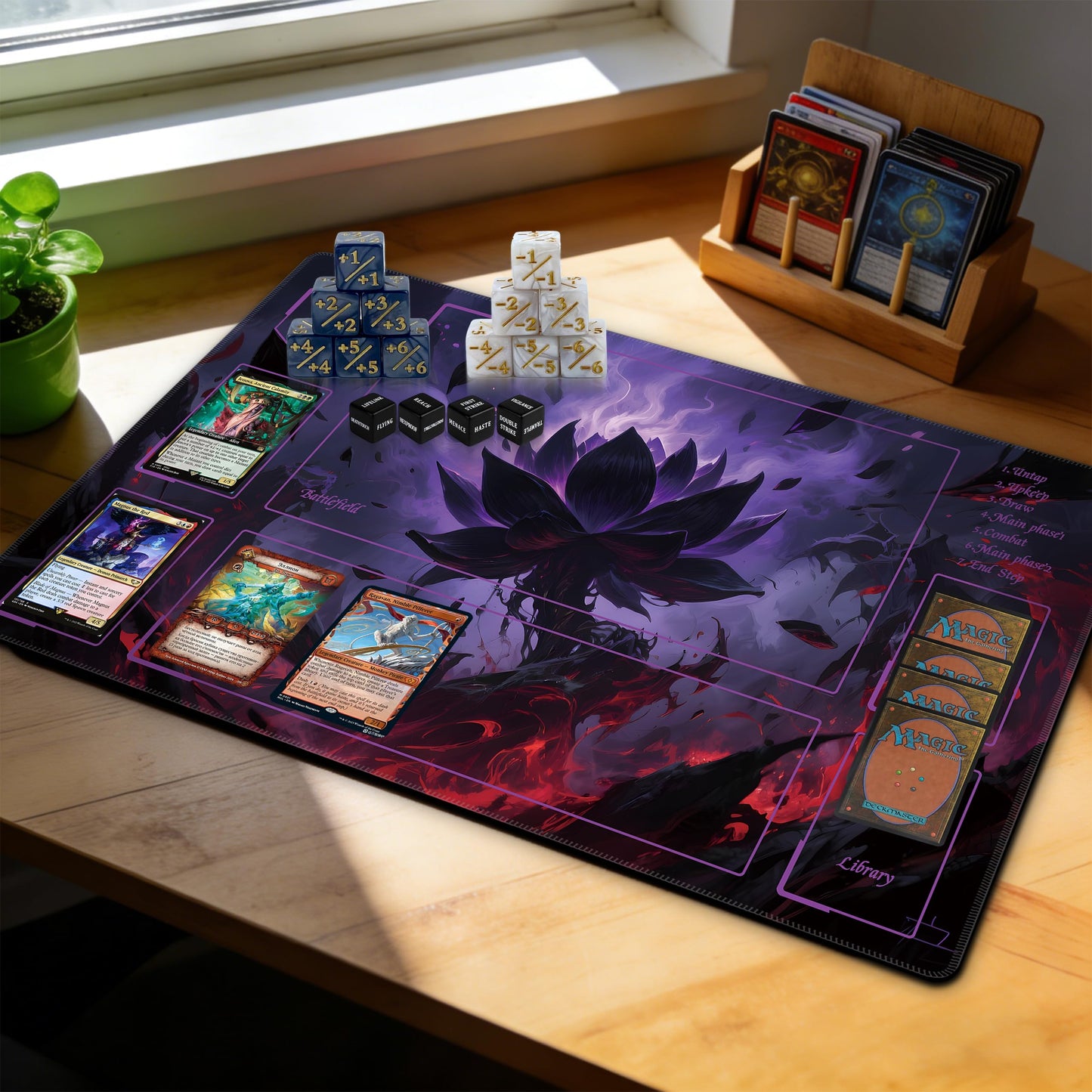 Extalas MTG Playmat Dark Flame Lotus – 24x14 in, Non-Slip Waterproof Mat with Storage Bag & 16 Dice