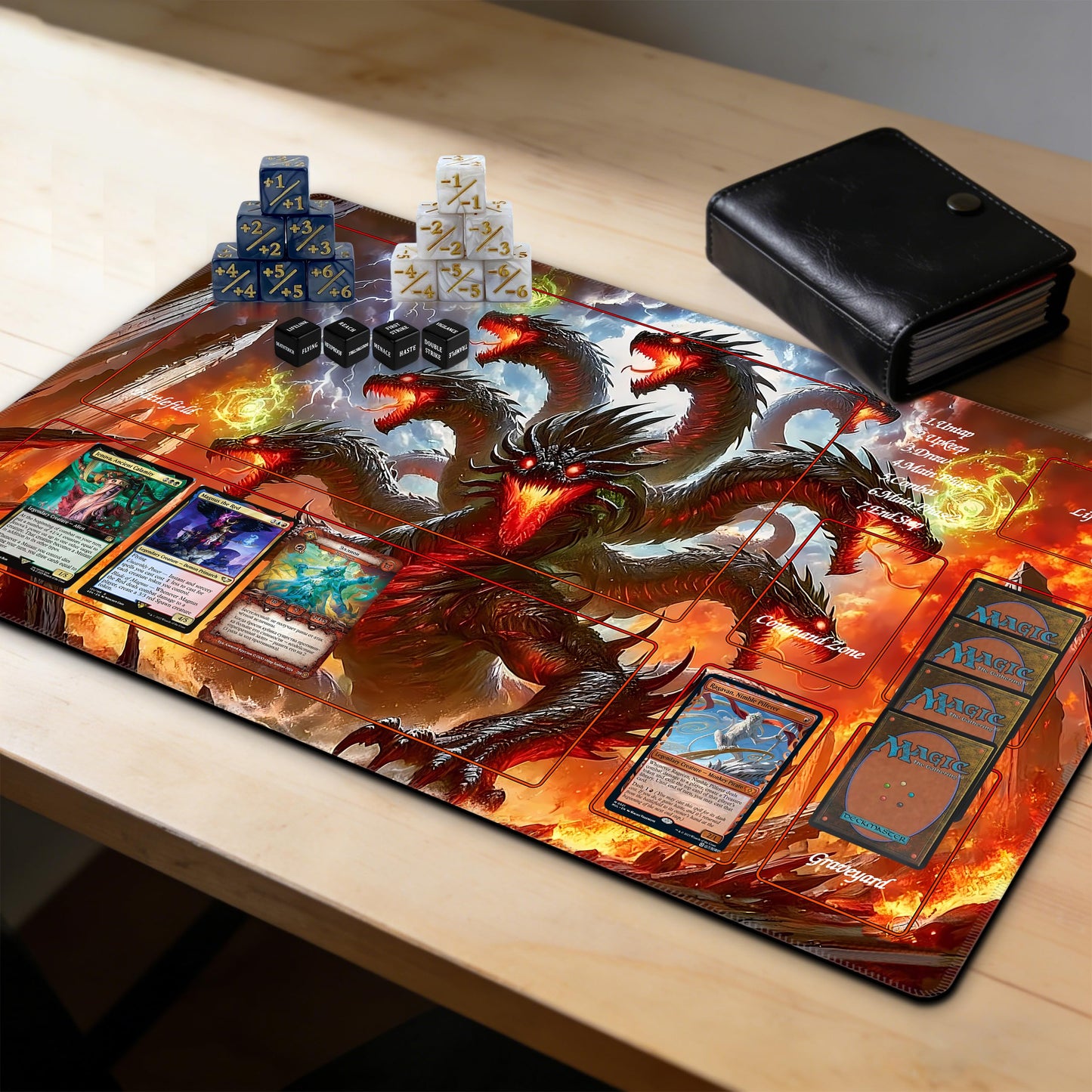 Extalas MTG Playmat with Storage Tube & 16 Dice – Edge-Locking Waterproof Non-Slip 24x14 in (Dragon Fire Vortex)