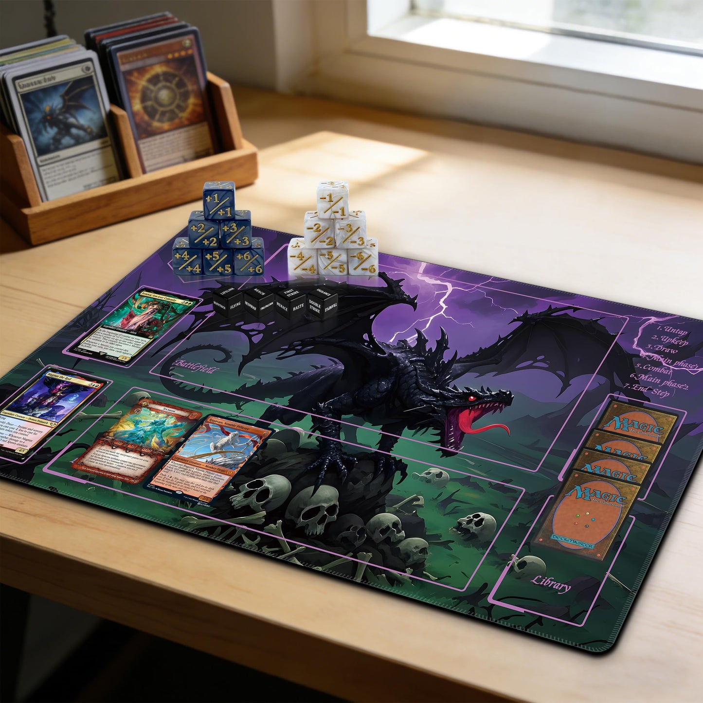 Extalas MTG Playmat TCG Playmat – Includes Storage Bag & 16 Dice | Edge-Locking Waterproof & Non-Slip Surface (Roaring Dragon)