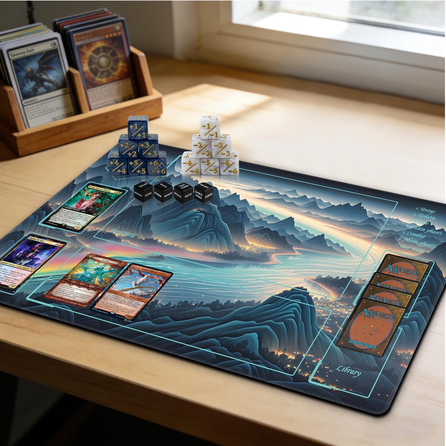 Extalas MTG Playmat TCG Playmat – Includes Storage Bag and 16 Dice – Experience Top-Tier Quality and Edge-Locking Waterproof Non-Slip Mat (Playmat with Starry Sea and Fire)