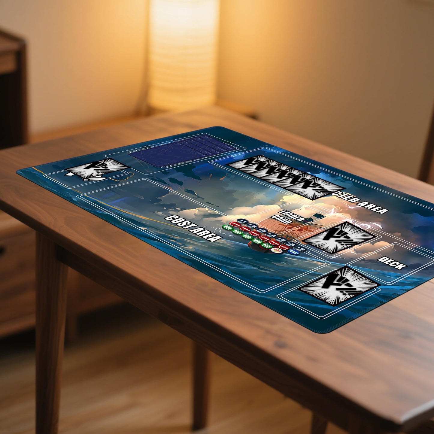 Extalas Playmat for One Piece Card Game – 24x14 in, Non-Slip Rubber, Zone Design, Storage Bag + 20 Damage Counters