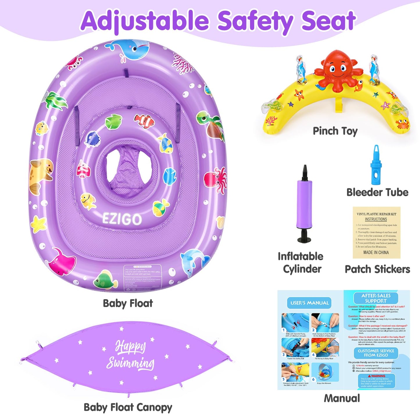 EZIGO Baby Pool Float with Canopy – UPF 50+ Sun Protection, Purple, 6-36 Months, Double Air Chambers