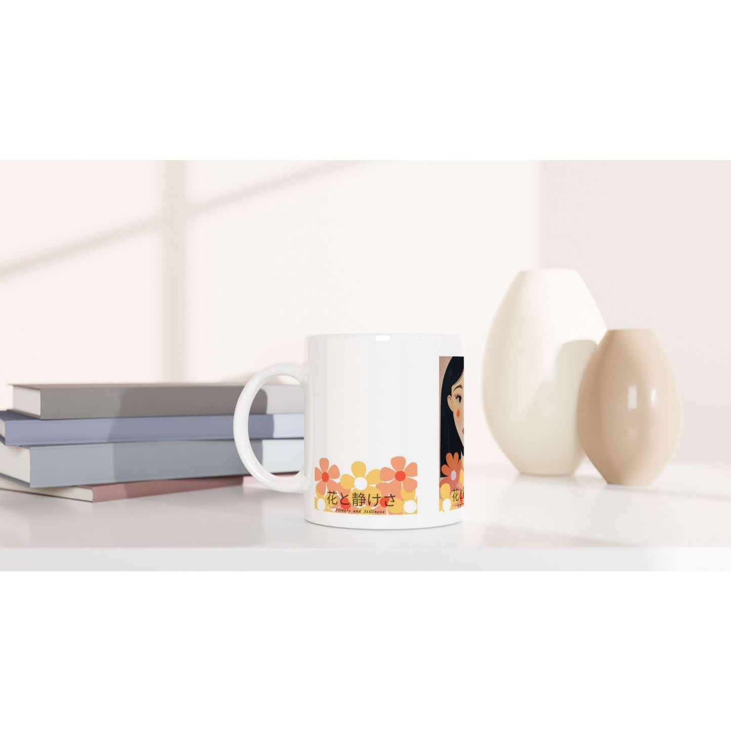 Flowers & Stillness Mug – Japanese Portrait Ceramic Coffee Cup – Tranquil Floral Gift for Tea or Coffee Lovers