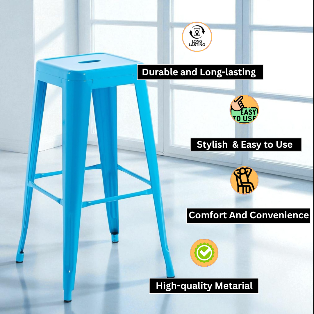 AcaciaHome Modern and Contemporary 76CM Sleek Industrial Metal Bar Stool – Durable Sturdy Steel Frame with Comfortable Seat for Kitchen Islands, Home Bars, Cafes, and Restaurants (Blue)