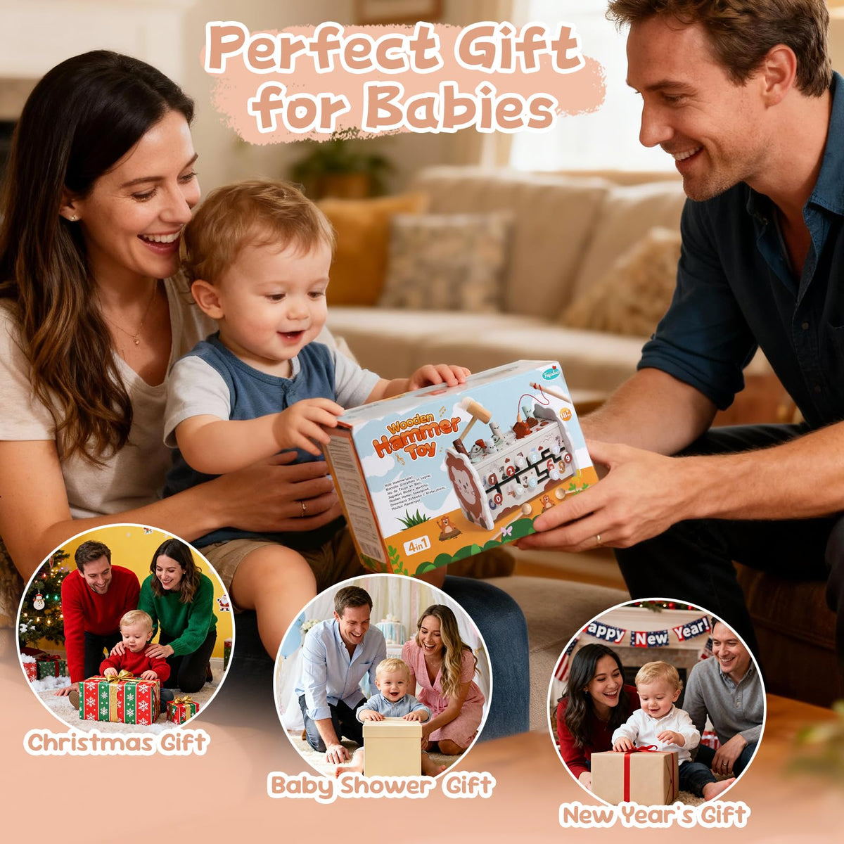 Fajiabao Wooden 4-in-1 Montessori Toy for Toddlers — 1 Year Old Learning Toy with Pounding Bench, Xylophone, Fishing Game & Number Maze