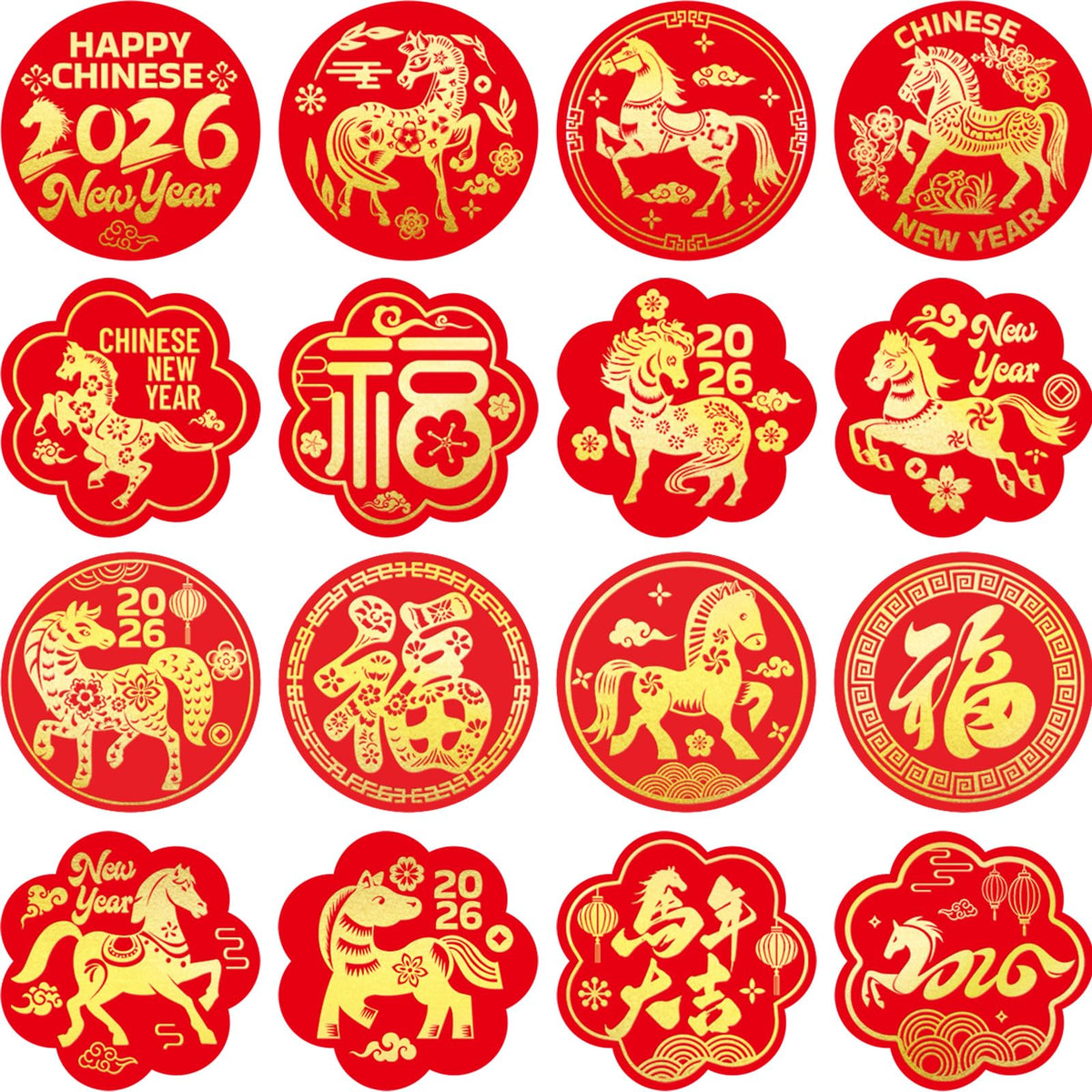 Fancy Land 240 Pcs Chinese New Year Stickers Gold Foil — Year of the Horse, 12 Sheets
