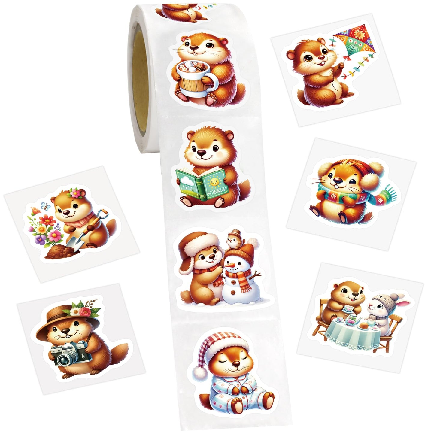 Fancy Land Groundhog Stickers Roll — 200 Perforated Groundhog Decals for Scrapbooks, Journals & DIY Crafts