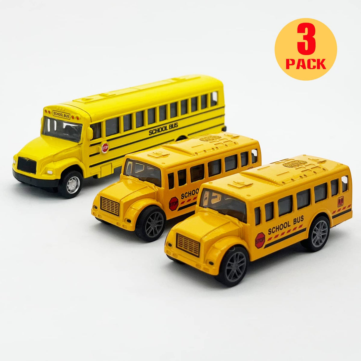 FANELEQU 3 Pack Pull Back School Bus Playset - Die-Cast Metal Toys for Kids