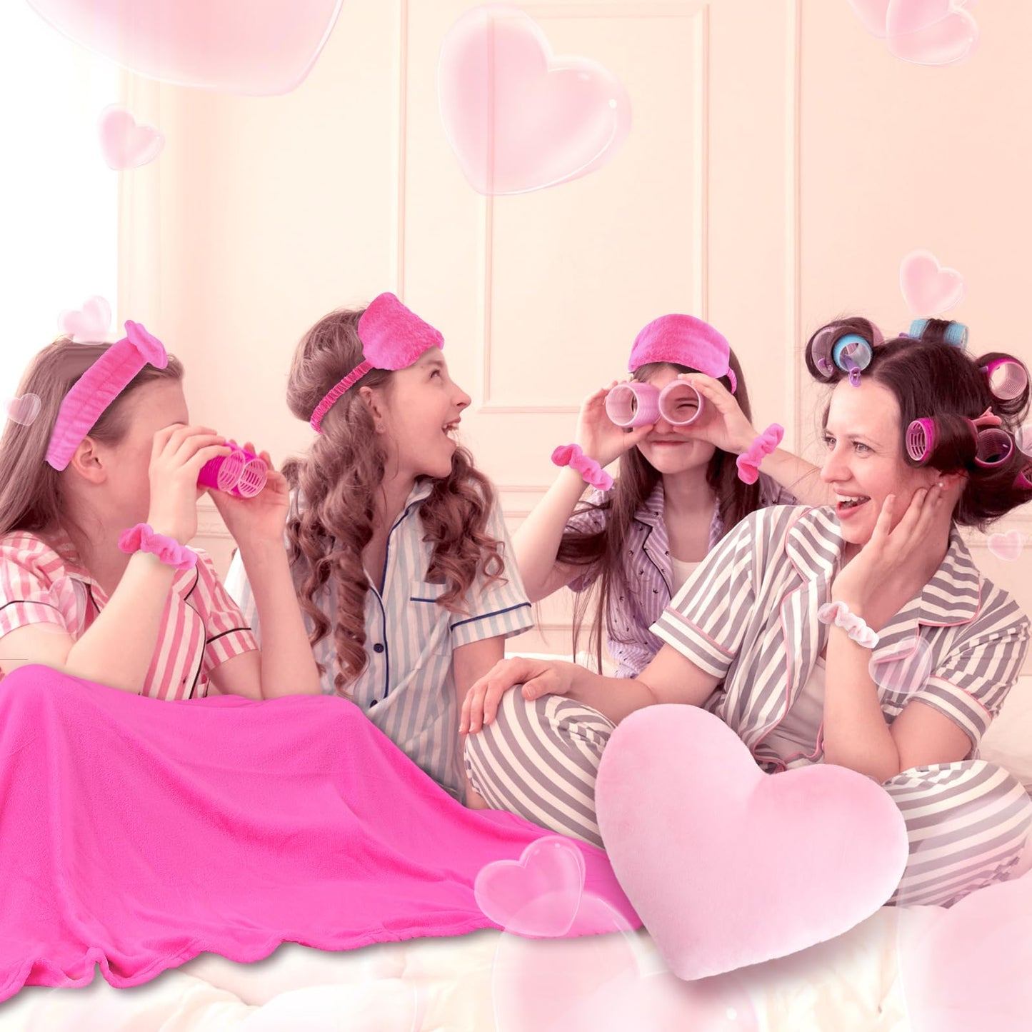 Fanfanwin 36-Piece Pink Sleepover Party Kit for Girls — Blankets, Pillows, Eye Masks, Headbands & Scrunchies