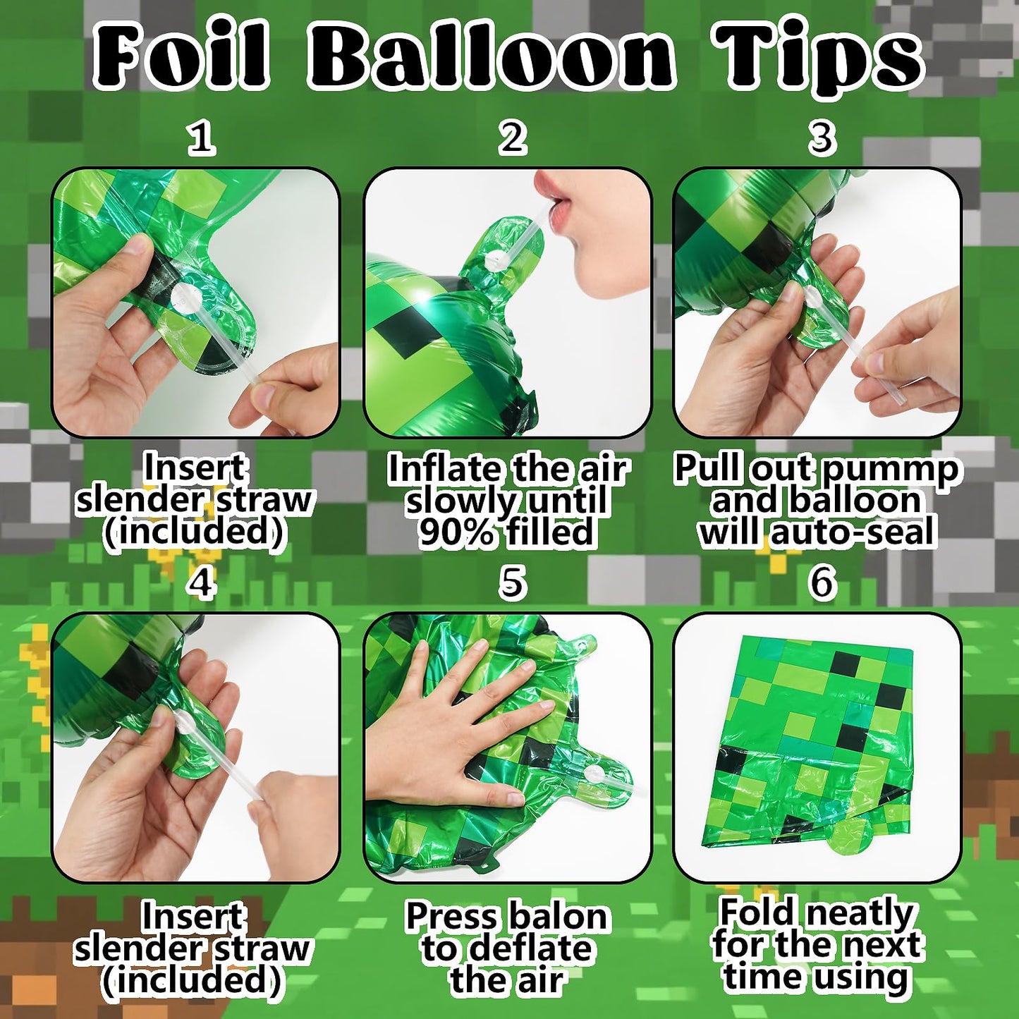 FANGBBO 40in Pixel Giant Number 6 Balloon | Green Foil Mining Theme Birthday Decor