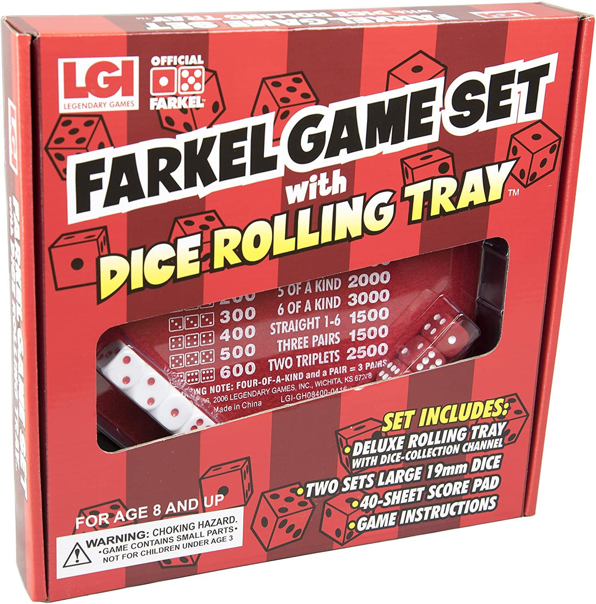 Farkel Game Set with Deluxe Dice Rolling Tray | 2 Dice Sets, 40-Page Scorepad | Family Dice Game